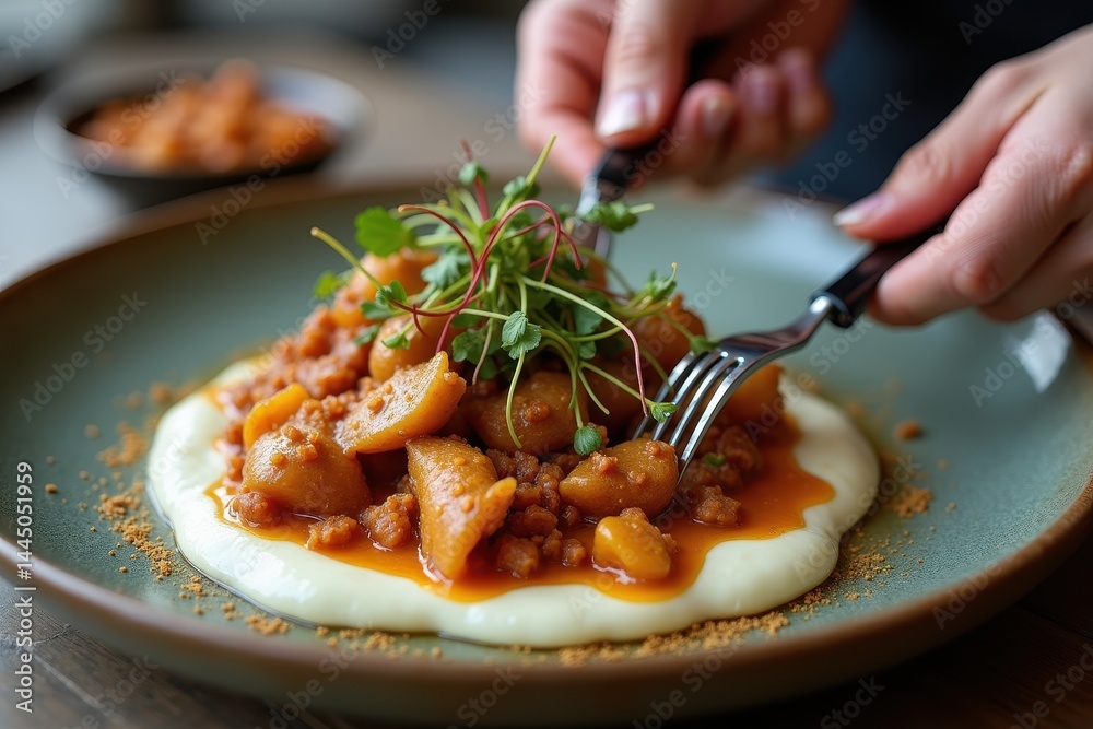 Hearty gnocchi with tomato sauce microgreens plated