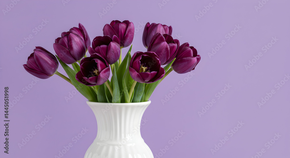Obraz premium Stunning Purple Tulips in White Vase Beautiful Flower Photography isolated on transparent background