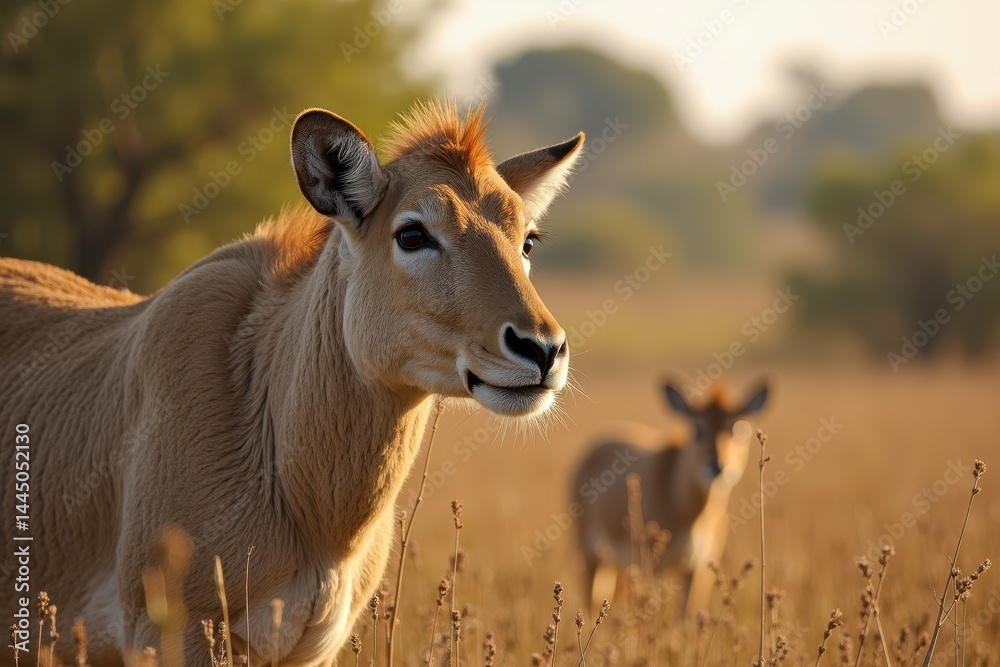 Antelope grazing in golden savanna landscape