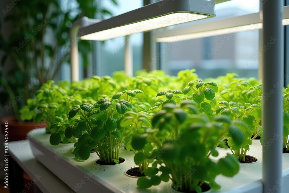 Indoor hydroponic basil garden with led lights