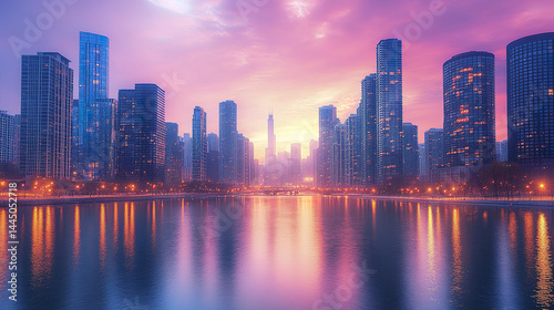 stunning urban skyline at sunset, featuring glowing office buildings and serene river