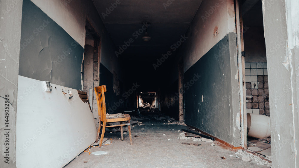 destroyed and burned houses in the city in Ukraine