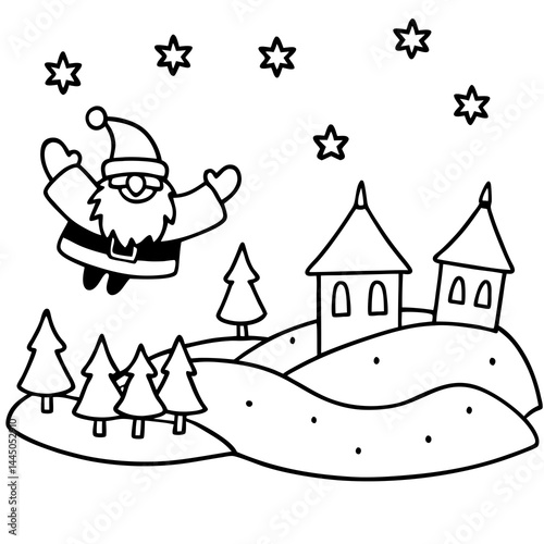 "Santa Flying Over Snowy Village Vector