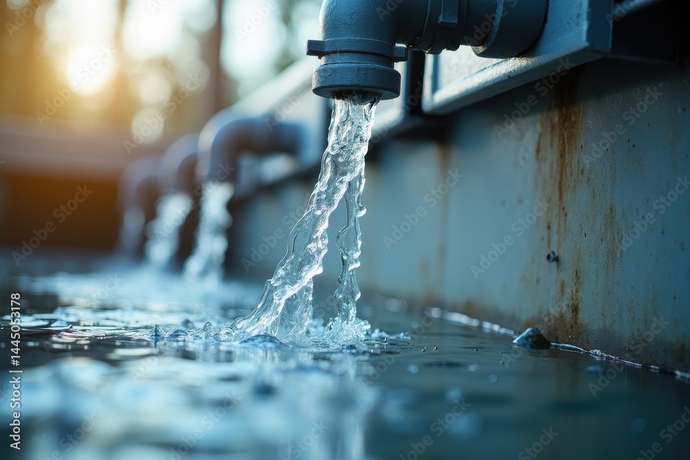Running water industrial pipes at sunset