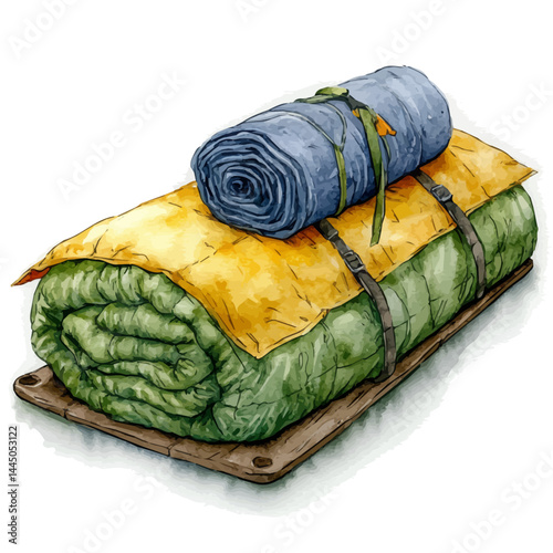 watercolor of Camping Tent Rolled And Packed, vector, isolated on a white background.