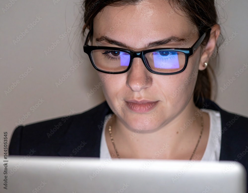 Close-up business photo of a person in blazer using a laptop, studio-quality lighting, glasses reflecting screen light, shallow focus Close-up business photo of a person in blazer using a laptop, studio-quality lighting, glasses reflecting screen light, shallow focus