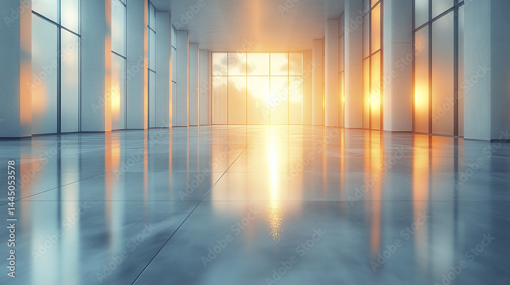 serene modern hallway with reflective floor and glowing sunset light serene modern hallway with reflective floor and glowing sunset light