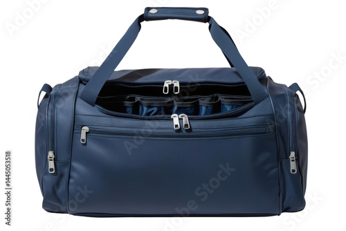 Large blue duffel bag with open zipper and pockets isolated on a transparent background