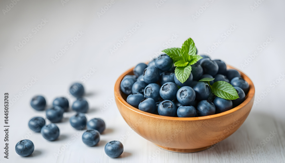 Fresh blueberries on wooden bowl on table, smooth light. with white shades Fresh blueberries on wooden bowl on table, smooth light. with white shades