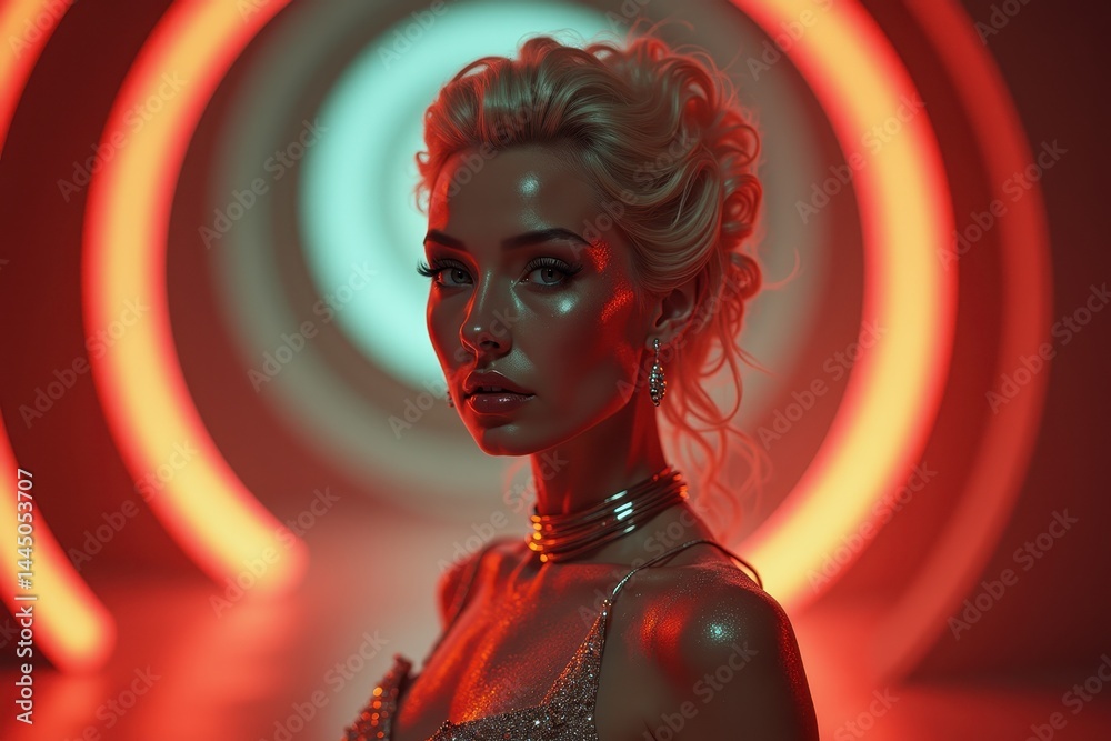 Woman in futuristic neon tunnel