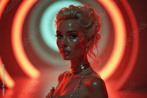 Obraz na płótnie Woman in futuristic neon tunnel w salonie