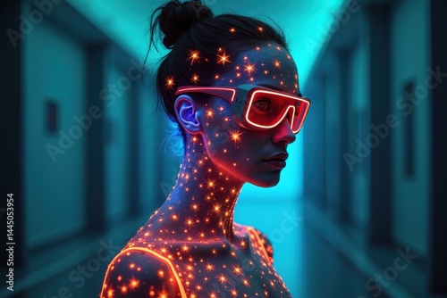 Obraz na płótnie Futuristic neon portrait in digital art scene w salonie