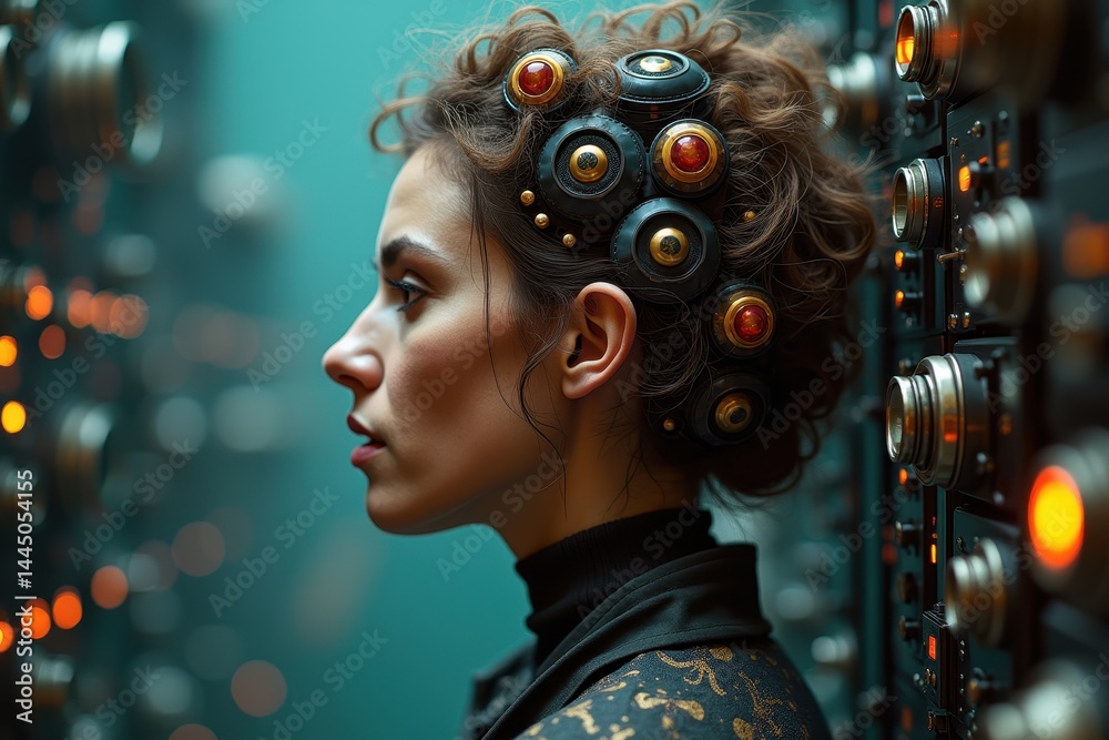 Woman with futuristic hairstyle in tech setting