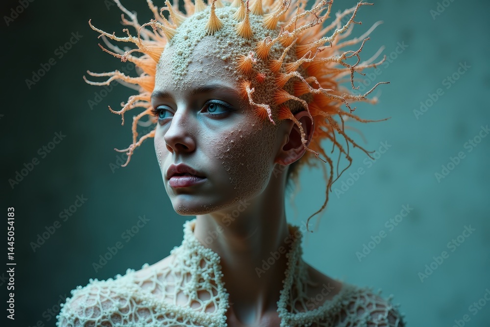 Fantasy portrait of woman with intricate organic headpiece
