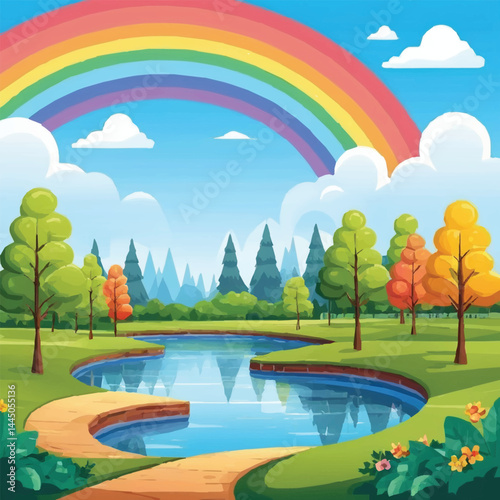 "Beautiful cartoon landscape vector illustration of a peaceful countryside scene with green hills, clear blue sky fluffy clouds, blooming flowers, sunlight rays, rainbow, and fresh natural environment