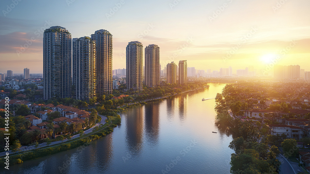 Obraz premium stunning view of modern towers lining riverside at sunset, creating serene atmosphere