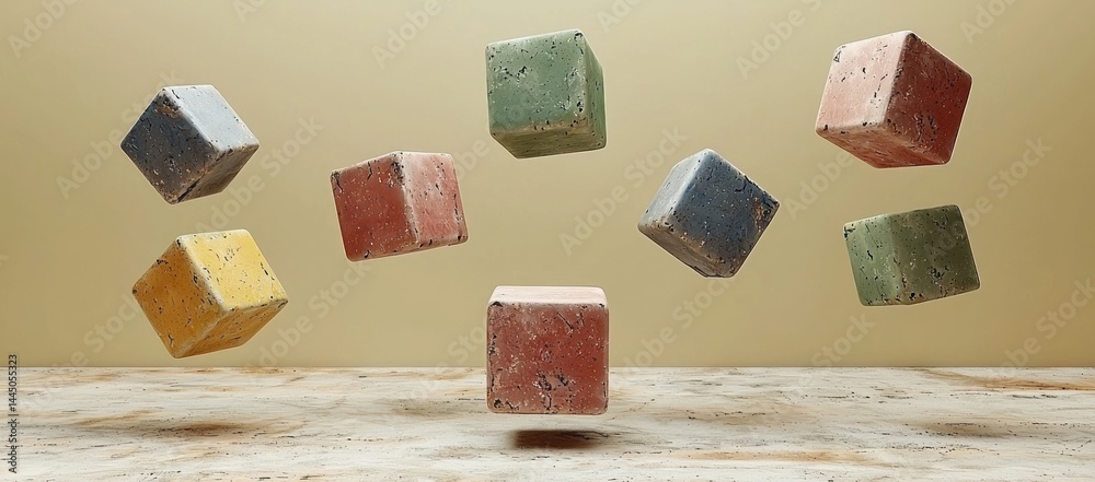 Colorful textured cubes levitating above wooden surface.