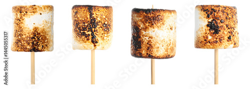Four marshmallows on wooden sticks with toasted exteriors arranged in a horizontal line up close view on transparent background
