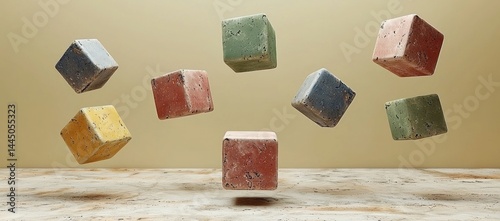 Obraz na płótnie Colorful textured cubes levitating above wooden surface. w salonie