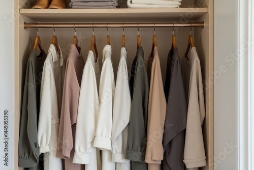 Obraz na płótnie Organized closet with neutral color clothing w salonie