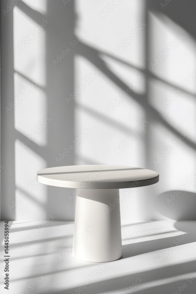 Fototapeta premium Elegant minimal round table in stark white setting casting shadows creating depth for product showcase