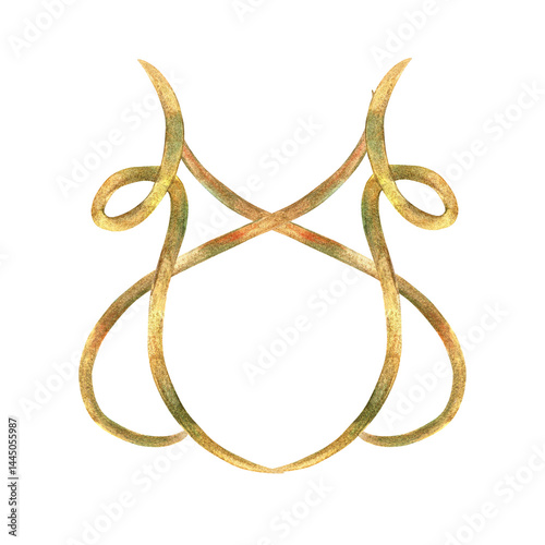 Gold ornament of vibrant collection. Curls, ribbons elements hand-painted in watercolor with gold paint accents. Isolate is presented for decorating textiles, interior, wallpaper, prints, packaging