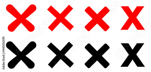 Black ink wrong signs on transparent bg. Black paint brush stroke crosses. Vector set of hand-painted Wrong icons. Abstract hand-drawn NO button for checkbox voting. Isolated disagree tick box symbols