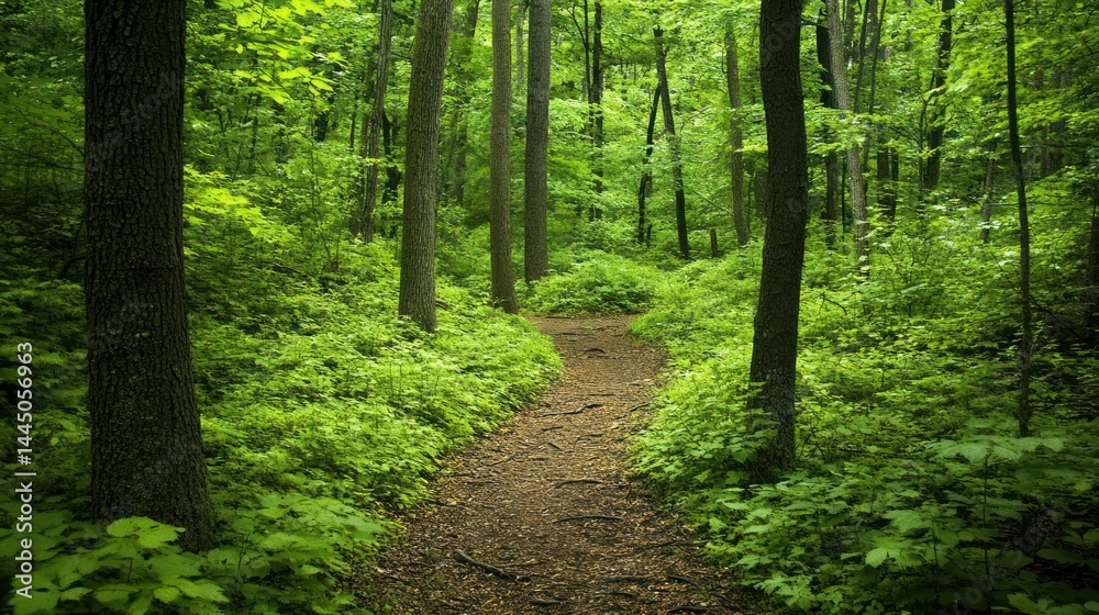 Obraz premium Enchanting woodland path beckons with lush greenery and sunlight filtering through canopy