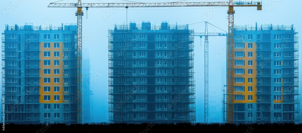 Construction site with three high-rise buildings under construction, cranes and scaffolding visible in foggy conditions.