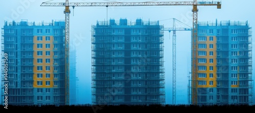 Construction site with three high-rise buildings under construction, cranes and scaffolding visible in foggy conditions.