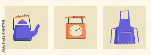 Set of vector kitchen items: kettle, scale, and apron in minimal flat style. Hand drawn cooking tools for culinary visuals, recipes, food blogs, or packaging
