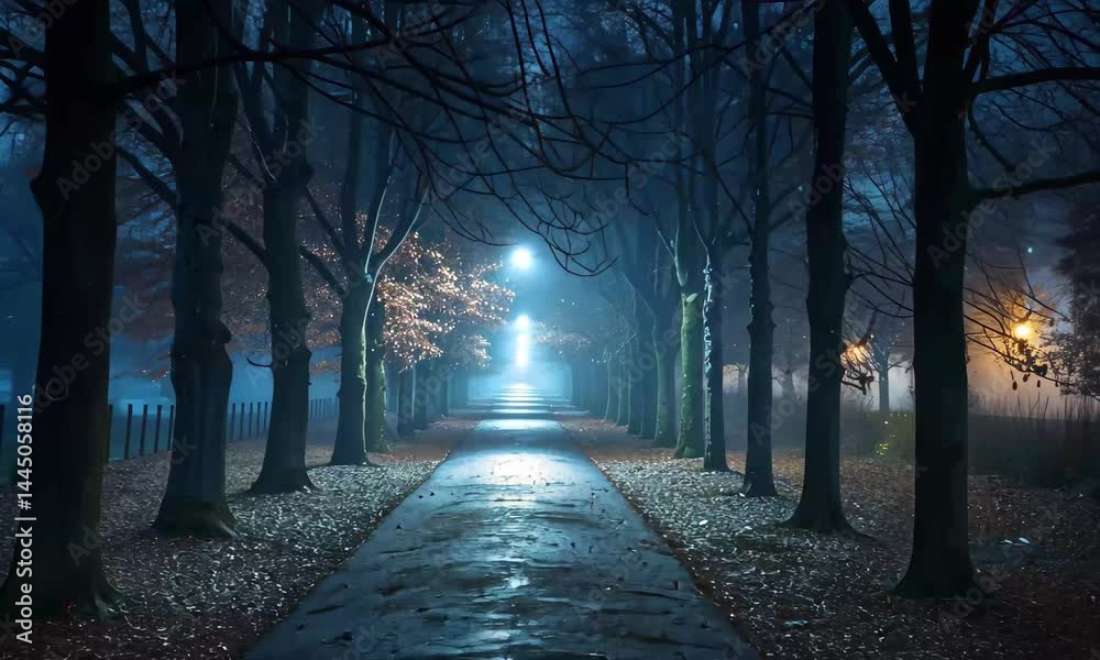 A long, empty path through a serene park, lined by tall trees and softly illuminated by misty streetlights, creates a mysterious atmosphere at night.