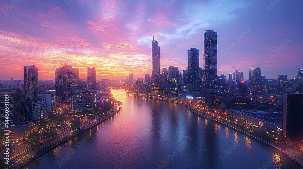 Fototapeta premium stunning modern city skyline dusk, reflecting calm river water, creating serene atmosphere