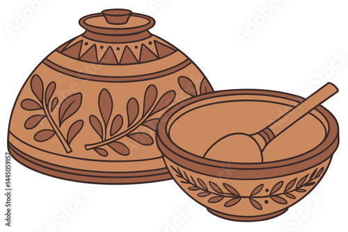 47 Terracotta clay pot, decorative ceramic bowl, traditional earthenware, ornate lid, rustic kitchen utensil, warm brown tones, hand-crafted pottery, Mediterranean style, etched leaf pattern, rounded 