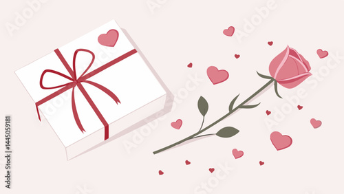 Romantic Gift Box with Red Ribbon and Hearts Illustration - Ideal for Valentine's Day.