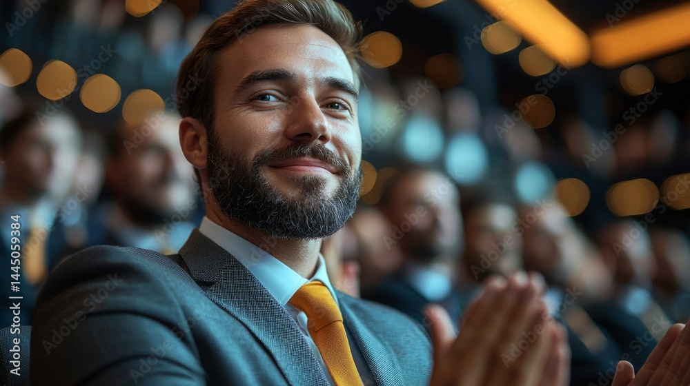 Obraz premium A close-up of an employee receiving a standing ovation from colleagues during a corporate event, showing gratitude and respect