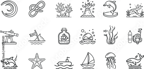 Nautical Icon Set – Hand Drawn Marine and Ocean Vector Symbols Featuring Sea Life, Submarine, Boat, Diving Gear, Coral, Shark, and Island – Perfect for Travel, Adventure, and Nature Design