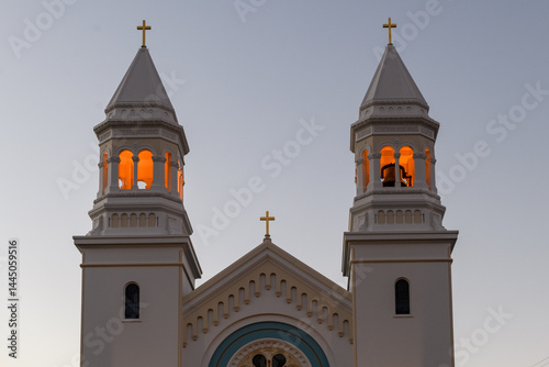 Canvas Print Frontal exterior view at twilight of the twin bell towers of the Star of the Sea Church in San Francisco, California