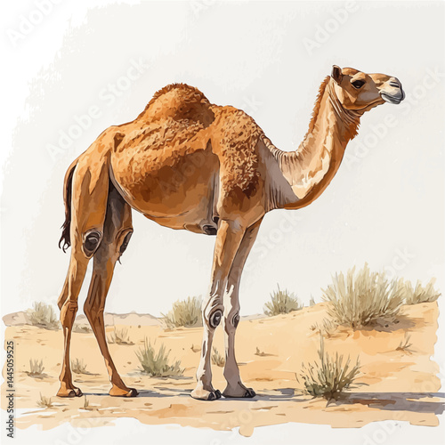 watercolor of Camel Walking In The Desert, vector, isolated on a white background.