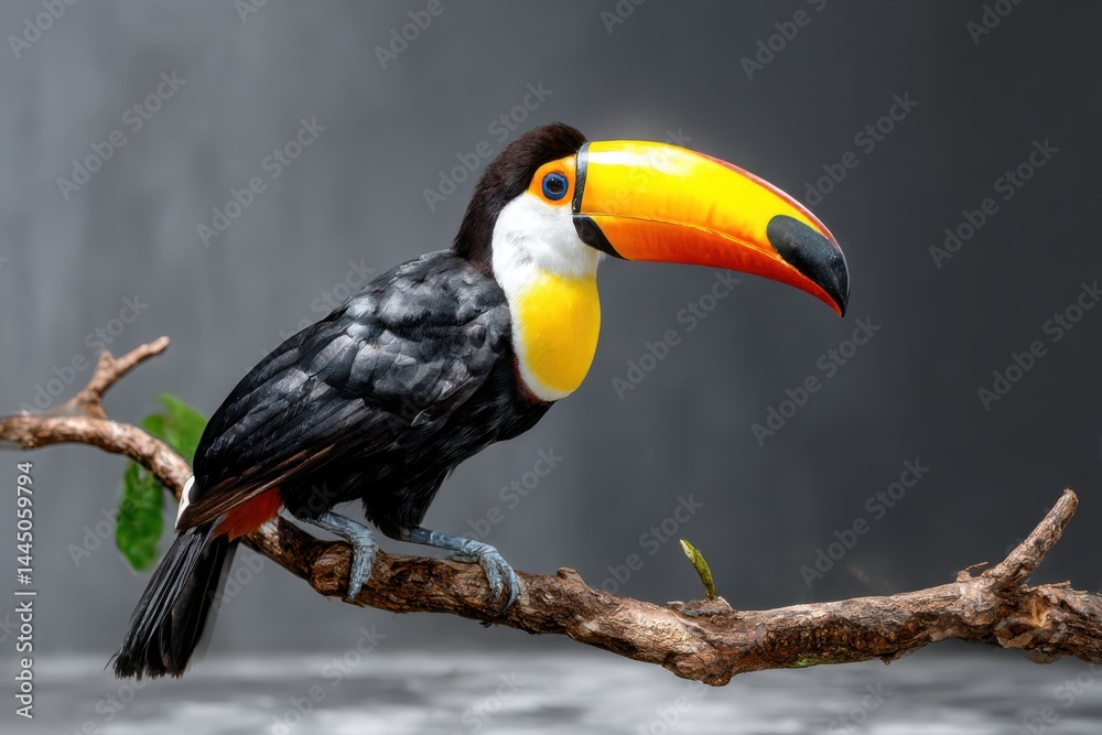Obraz premium Toucan perched on a branch with leaves