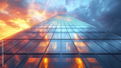 modern high rise building with reflective glass facade under colorful sunset sky