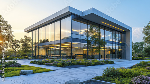 Modern office exterior under soft sunlight with greenery and landscaping