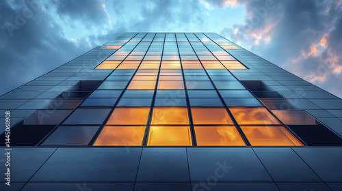 Modern building facade with angular design reflecting evening light and clouds