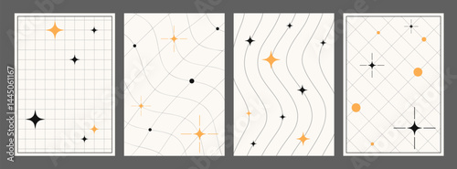 Retro vertical posters, set of techno backgrounds and paper covers in y2k aesthetics. 2000s covers, backdrops and pages with geometric and distorted grids and blinks. Vector design elements.