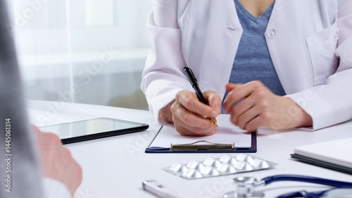 Hands doctor writes a prescription and consults a patient sitting at the table. Medical care in the clinic.