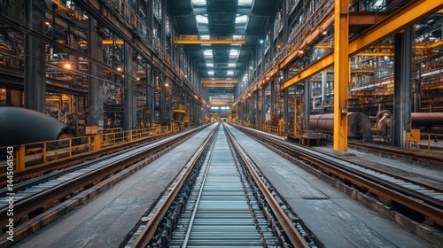 Inside a large industrial processing facility, conveyor belts transport raw materials while massive furnaces operate, showcasing an efficient manufacturing environment