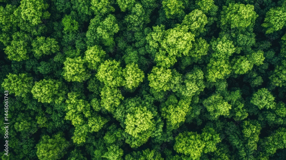 Naklejka premium Aerial view of densely packed treetops creating a vibrant green canopy texture