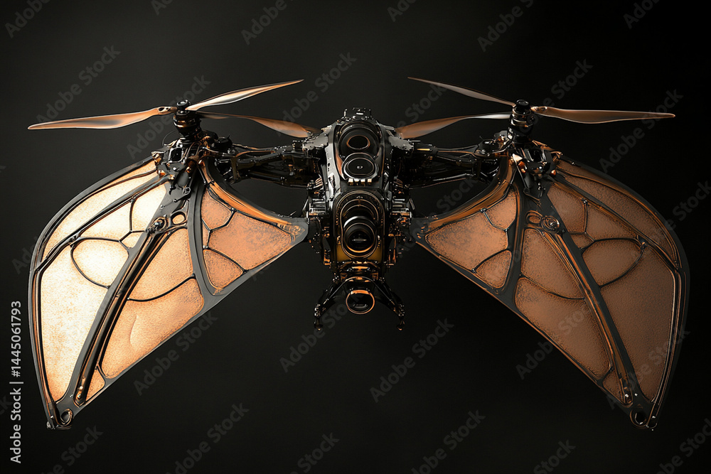 A steampunk drone with bat wings and propellers against a dark background in a studio setting A steampunk drone with bat wings and propellers against a dark background in a studio setting