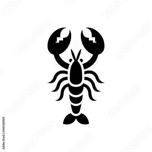 Black and white drawing of a crab. The crab is standing on its back legs and has a large claw on its right side