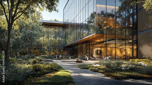 modern office park featuring glass walls and beautifully landscaped garden, creating serene